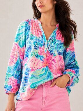 Lilly Pulitzer Elsa Silk Blouse Vibrant Pink Blue Shell Floral Popover SZ Medium